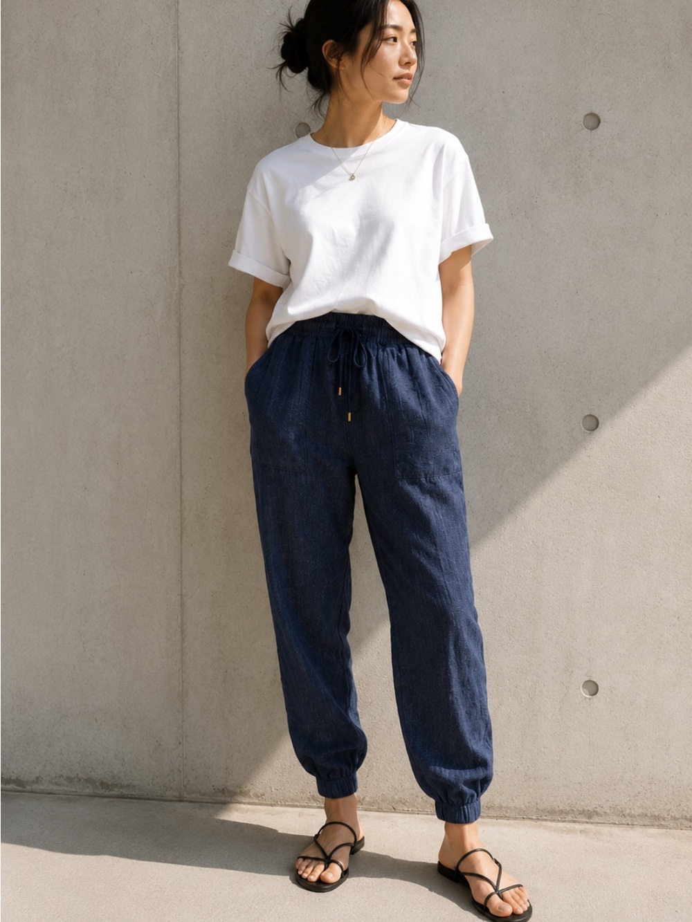 Ellen Tracy Linen Blend Jogger Pants Navy Blue Relaxed Fit Size M